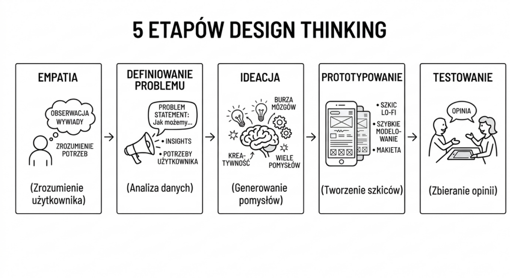 schemat przedstawiający pięć etapów design thinking